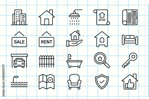 Doodle real estate icons for property, home, housing, and rent.