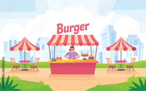 Burger Stand in the City Park: Delicious Fast Food with Seating Areas and a Friendly Seller for a Relaxing Dining Experience
