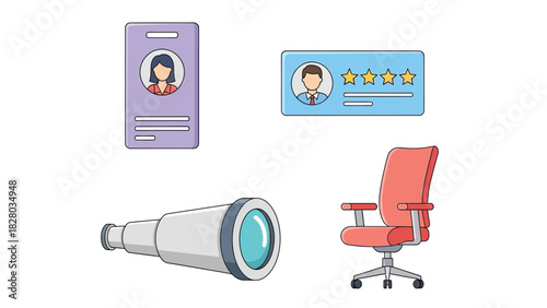Business and Human Resources Icon Set: Employee ID Card, Customer Review Rating, Telescope, and Office Chair Vector Illustration