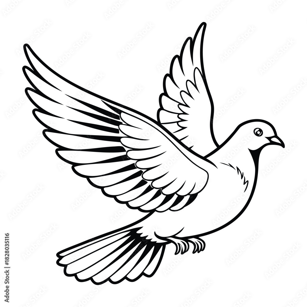 Fototapeta premium Flying dove with outstretched wings, simple black outline vector illustration artwork Vector