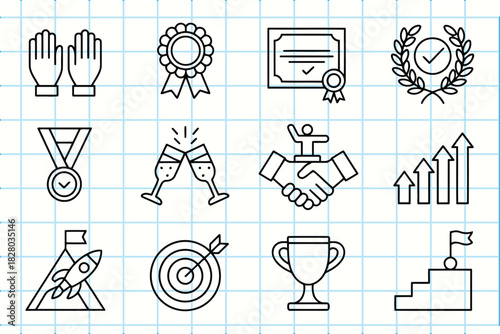 Doodle success and achievement icons for business goals and victory