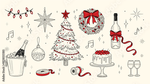 Elegant Christmas Holiday Collection: Hand-Drawn Christmas Tree, Wreath, Champagne, and Sweet Cake Illustration Vector for Greeting Cards and Design