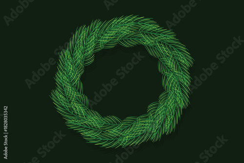 Christmas Pine Wreath Vector Illustration Dark Green Background.