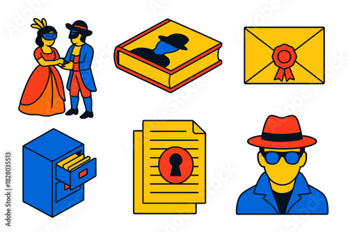 Anonymity Through History. Isometric vector illustration set History of anonymity: masked ball scene, pseudonymous books, sealed