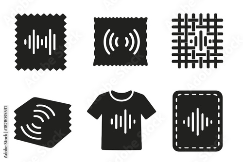 Sonic Fabric Icons. Solid style icons of sonic fabric design: fabric with embedded sound waves, textile vibration icon, acoustic
