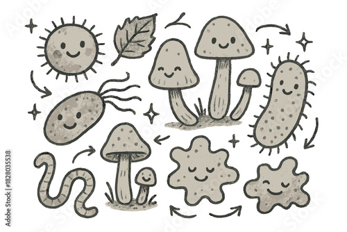 Smiling Decomposition. Playful doodle experimental decay illustration with happy modern organisms, cartoon bacteria and fungi with