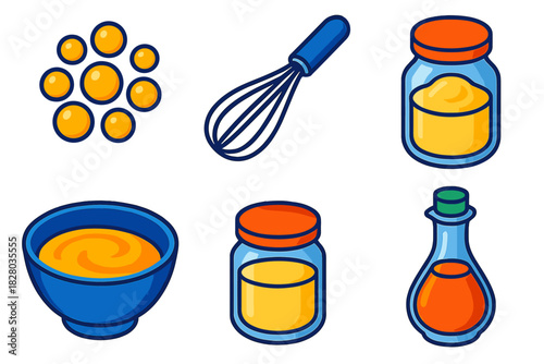Emulsion Tools Icons. Isometric vector illustration set Emulsion Theory: oil droplets, whisk tool, mixing bowl, mayonnaise jar,