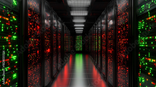 Server room hallway with lights flashing red and green, concept of increased server work during the holiday season