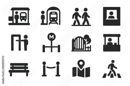 Urban Public Icons. Solid style icons of urban public spaces and queuing: bus stop, train station, sidewalk, entry gate, turnstile