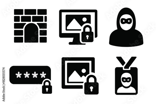 Dark Web Art. Solid style icons of dark web art galleries: hidden gallery entrance, encrypted artwork screen, anonymous curator