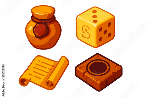 Ancient Game Artifacts Icons. Isometric vector illustration set Ancient Game Artifacts: Sealed clay piece jar, engraved ivory die,