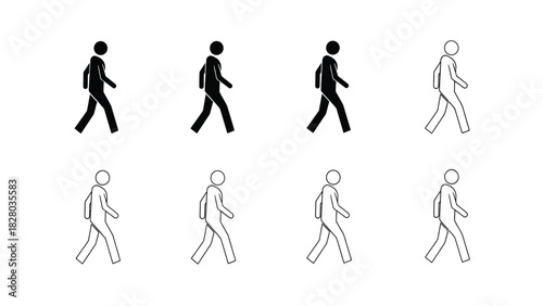 Walking Person Icon Set - Vector Pictogram Collection of Stick Figures in Solid and Outline Styles for UI and Signage