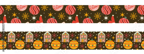 Seamless festive border pattern with gingerbread houses, ornaments, and holiday elements. Perfect vector design for wrapping paper, textiles, invitations, and seasonal celebration projects.