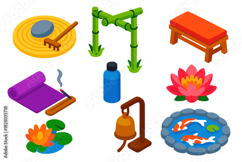 Zen Hiking Elements. Isometric vector illustration set Hiking trails – zen rock garden, bamboo gate, meditation bench; yoga mat,