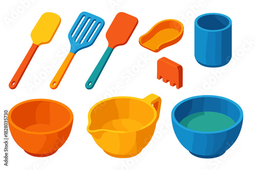 Colorful Baking Tools. Isometric vector illustration set Baking tools – silicone spatula, fish spatula, heat-resistant spatula;
