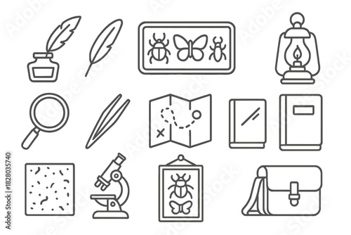 Entomologist's Desk Icons. Line style icons of entomologist desk: inkwell, quill pen, specimen tray, candle lamp; magnifier lens,
