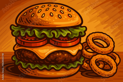 Juicy Burger Delight. Juicy beef burger stacked with fresh lettuce, tomato, and melted cheese, served with vector illustration