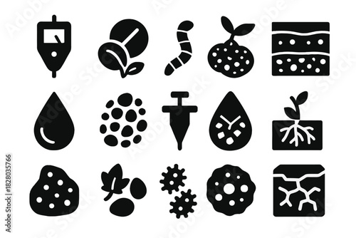 Soil Health Icons. Solid style icons of Soil health: pH meter, nutrient tablet, earthworm, soil layer, moisture droplet, texture