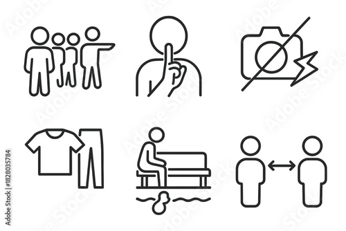 Responsible Travel Icons. Line style icons of Responsible Travel Behavior: guided group symbol, silence gesture icon, no flash