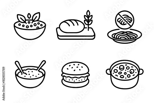Culinary Grain Icons. Line style icons of culinary uses: grain salad bowl, ancient grain bread loaf, gluten-free pasta plate,