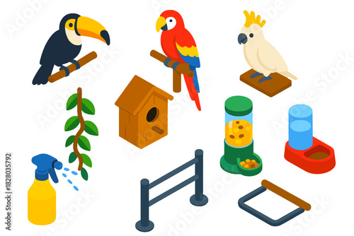 Colorful Zoo Icons. Isometric vector illustration set Zoo animals – toucan, parrot, cockatoo; perch branch, nest box, hanging vine