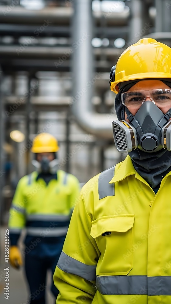 Fototapeta premium Industrial Worker in Yellow Hard Hat and Gas Mask at Plant
