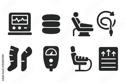 Pressotherapy Icon Set. Solid style icons of pressotherapy machines: control panel screen, inflated chamber icon, therapy session