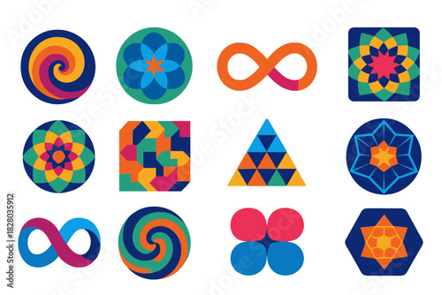 Psychedelic Geometry Icons. Flat vector icons of Psychedelic Mathematics: fractal spiral, sacred geometry flower, infinity loop,