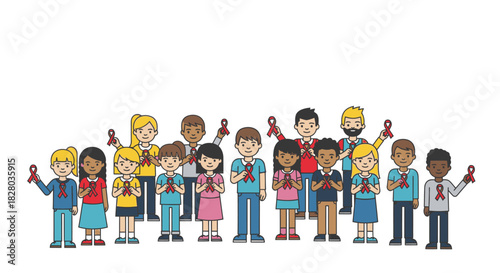 Diverse group of children and adults holding red ribbons to raise awareness for AIDS.