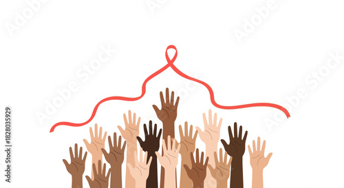 Illustration of diverse hands raised with a red ribbon symbolizing awareness and support.