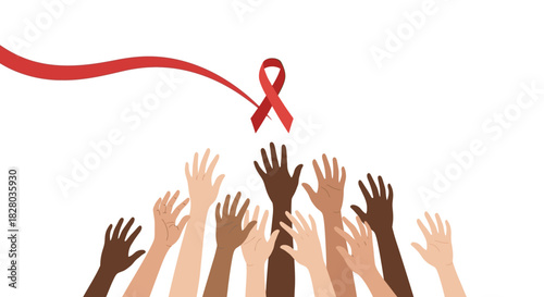 Diverse hands reaching for a red ribbon, symbolizing AIDS awareness and support.
