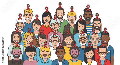 A diverse group of people wearing red ribbons for AIDS awareness and support.