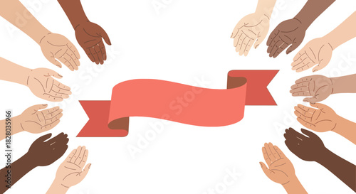 Diverse hands in a circle with open palms surrounding a red ribbon, symbolizing unity and community.