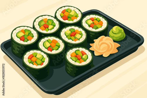 Vibrant Vegetable Sushi. Delicious tray of freshly prepared vegetable sushi rolls, vibrant colors, soft natural lighting,