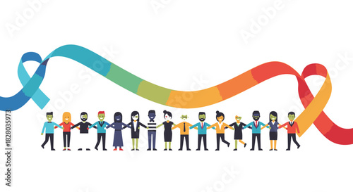 Diverse group of people holding hands with a colorful ribbon representing unity and support.