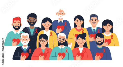 A diverse group of people holding red hearts and wearing red ribbons for solidarity and awareness.