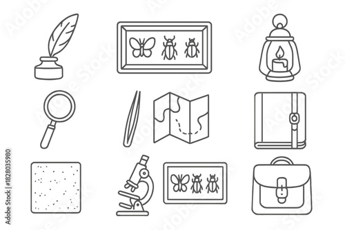 Entomologist's Desk Icons. Line style icons of entomologist desk: inkwell, quill pen, specimen tray, candle lamp; magnifier lens,