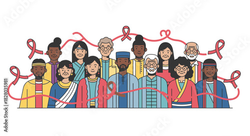 Diverse group of people of different ages and ethnicities connected by red ribbons, symbolizing unity and support.