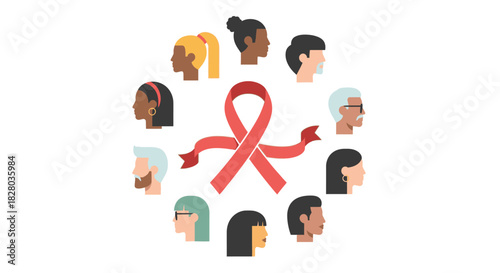 Illustration depicting a red ribbon surrounded by diverse human profiles, symbolizing awareness.
