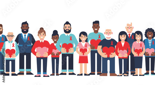 Diverse group of people holding hearts with red ribbons for AIDS awareness.