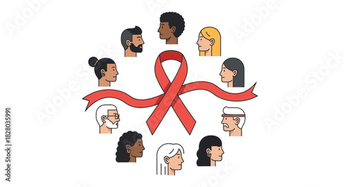 A red awareness ribbon, a symbol for HIV/AIDS, encircled by diverse portraits of people from various backgrounds.