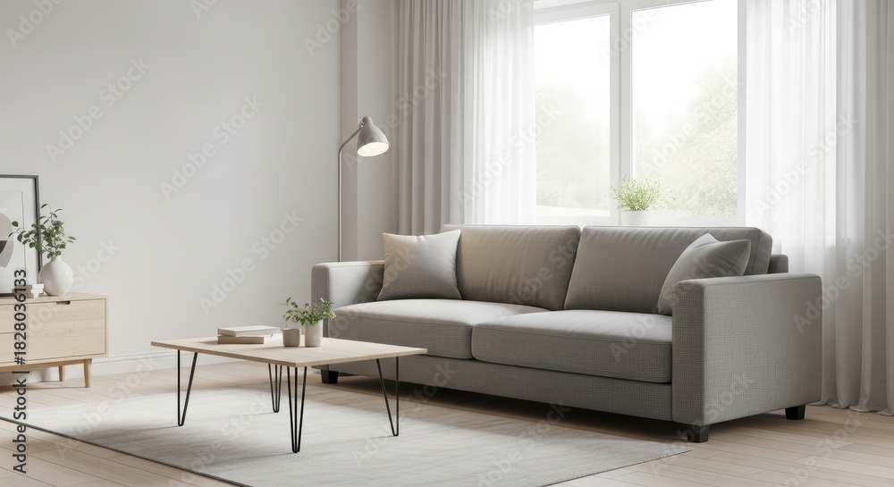 Fototapeta premium Modern minimalist living room with gray sofa and natural light