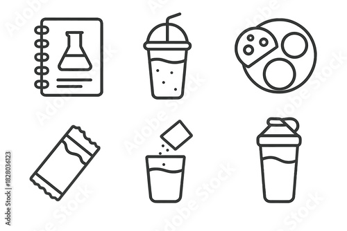 Line Style Recipes Icons. Line style icons of recipe and usage ideas: recipe notebook with beaker, blended smoothie glass,