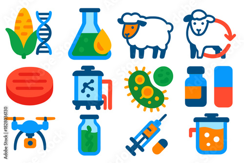 Biotech Icon Set. Flat vector icons of biotechnology applications: GMO crop, biofuel flask, cloned sheep, synthetic meat patty,
