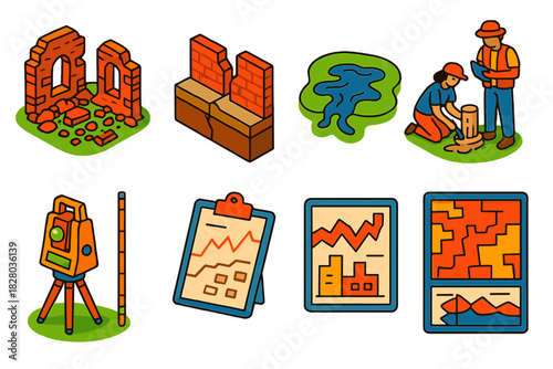 Archaeoseismology Artifacts Analysis. Isometric vector illustration set Archaeoseismology: collapsed ancient walls, offset