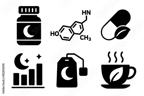 Sleep Aid Icons. Solid style icons of melatonin and sleep aids: supplement bottle with moon, melatonin molecule icon, herbal