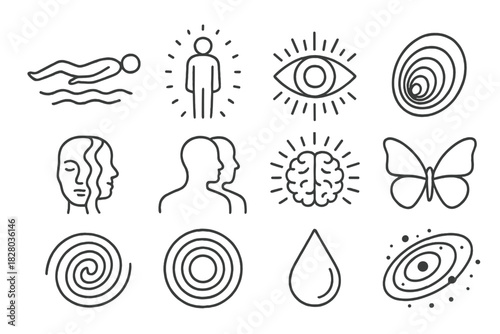 Altered Mind Icons. Line style icons of altered states: floating body, glowing aura, eye with rays, spiral tunnel; shifting face,