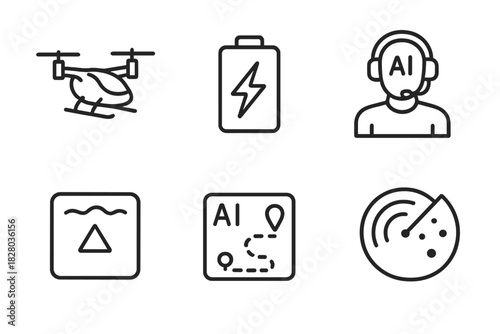 Flying Taxi Innovations. Line style icons of flying taxi technology: VTOL label sketch, lithium battery symbol, AI pilot icon,