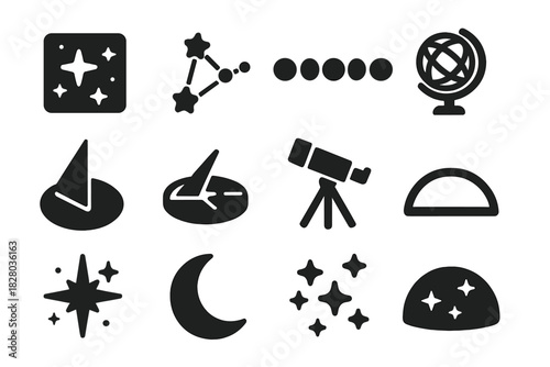 Celestial Navigation Icons. Solid style icons of Celestial Guidance: Star Chart, Constellation, Moon Phase, Armillary Sphere,
