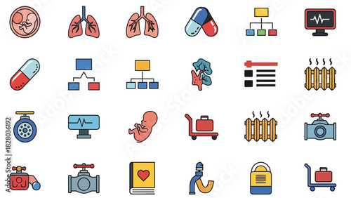 Diverse Icon Set: Medical, Business, and Industrial Symbols Vector Collection